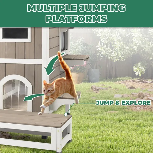 Vista 3 de Casa para gatos al aire libre resistente a la intemperie, casa de madera para gatos de dos pisos con techo que se puede abrir, 4 puertas, balcón
