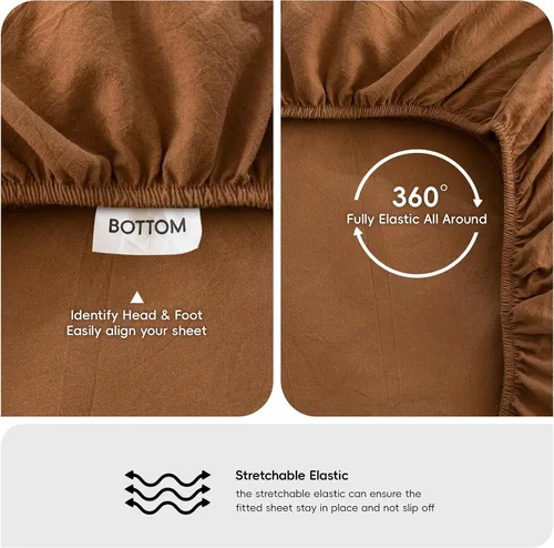 Vista 4 de MooMee Sábana bajera ajustable únicamente, 100% algodón lavado con textura tipo lino, transpirable, duradera, suave, cómoda, bolsillo profundo se