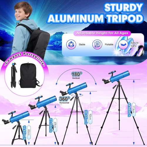 Vista 5 de Telescopio para adultos y niños, apertura de 80 mm, 500 mm (20X-150X) Telescopio refractor profesional para principiantes de astronomía, telescopios