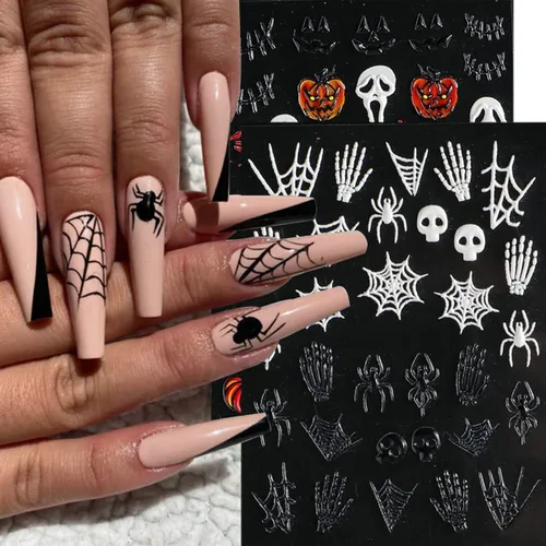 Vista 2 de Calcomanías de uñas 5D para Halloween, cabeza de calabaza, suministros de arte de uñas para decoración de uñas (Halloween A)