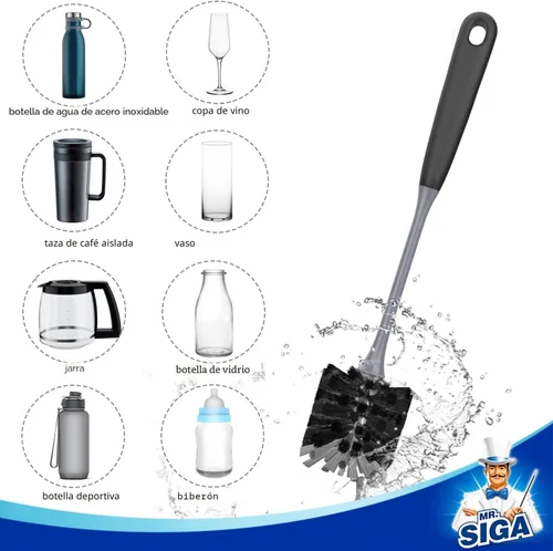Vista 4 de MR.SIGA Cepillo para botellas de mango largo, cepillo flexible para botellas de agua, cristalería, tazas, negro, paquete de 2 2 pack bottle