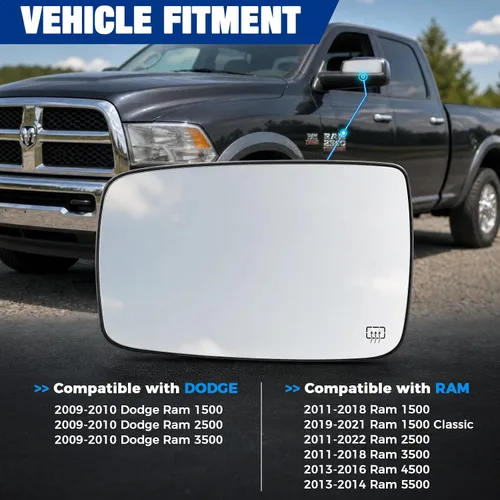 Vista 6 de Espejo retrovisor calefactado para el lado del conductor compatible con Dodge Ram Pick-Up 1500 2500 2009-2018 - Reemplazo 68079363AA 68050299AA
