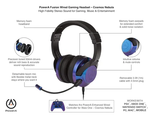 Vista 10 de PowerA Fusion Wired Stereo Gaming Headset with Mic for PlayStation 4, Xbox One, X, Xbox One S, Xbox 360, Nintendo Switch, PC, Mac, VR, Android, and