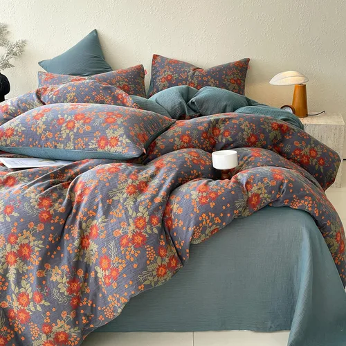 Vista 19 de Juego de funda de edredón blanca con estampado floral azul, juego de ropa de cama de algodón suave estilo bohemio, juego de ropa de cama estética