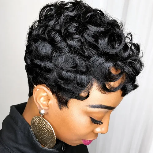 Vista 18 de MOONSHOW - Pelucas cortas de corte Pixie para mujeres negras, peluca de corte Pixie marrón Short Pixie Wigs for Black Women Natural Layered Short