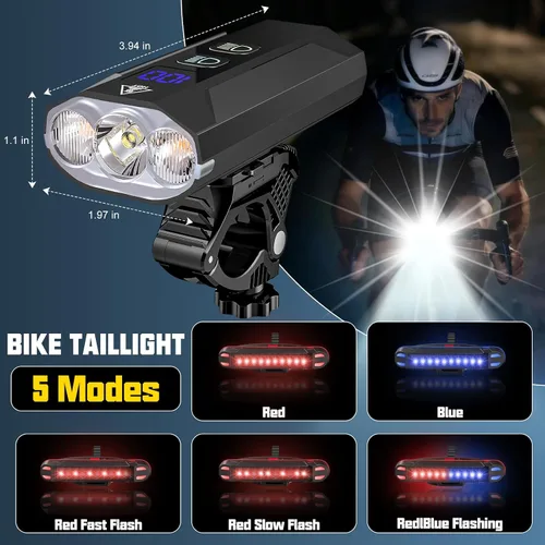 Vista 5 de Luces de bicicleta para montar por la noche, 8000 lúmenes, luz trasera súper brillante para bicicleta, luz de bicicleta recargable de 5800 mAh