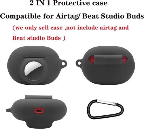 Vista 4 de Funda protectora de silicona compatible con Beats Studio Buds Airtag con soporte para Airtag, encuentra tu funda para auriculares, verde aguacate