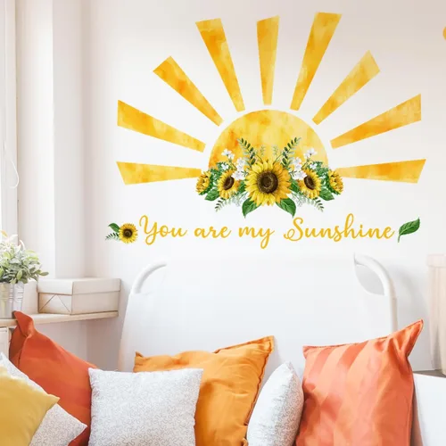 Vista 8 de Calcomanías de pared de girasol con mariposa 3D, calcomanías de pared de flores amarillas, SPRT impermeable y extraíble, calcomanías de pared