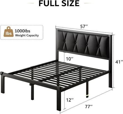 Vista 2 de iPormis Marco de cama tamaño matrimonial de metal, cama con cabecera tapizada con botones de piel sintética, soporte de listones resistentes, 30 cm