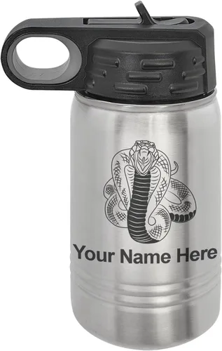 Vista 45 de LaserGram Botella de agua personalizada, serpiente de cobra, acero inoxidable de doble pared aislada al vacío con popote superior, regalo grabado