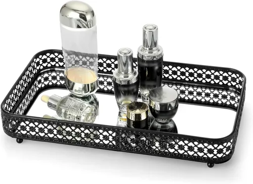 Vista 12 de ELLDOO - Bandeja negra para perfumes y maquillaje, bandeja de joyería con talla hueca, organizador de vidrio y metal para baratijas para cómoda