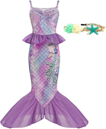 Vista 10 de Disfraz de sirena para niñas pequeñas, vestido de sirena para Halloween, vestido de princesa