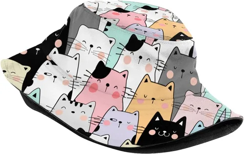 Vista 2 de Sombreros de pescador de gato lindo de moda para el sol plegable al aire libre de dibujos animados gato pescador sombrero para mujeres y hombres