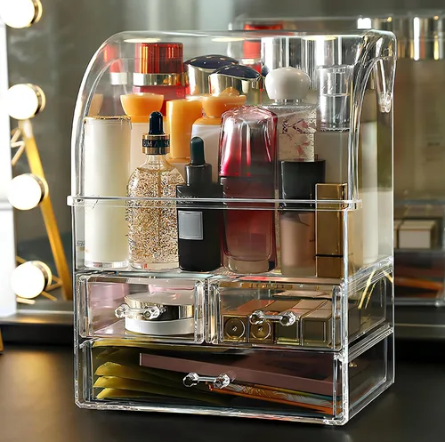 Vista 6 de Organizador de maquillaje acrílico grande transparente con tapa, cajones de almacenamiento de cosméticos, organizadores de maquillaje portátiles