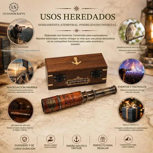 Vista 4 de Telescopio marítimo de latón hecho a mano con caja de madera (Estilo 1)