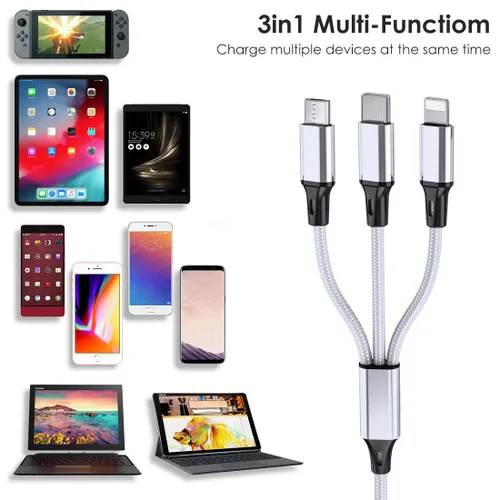 Vista 6 de Puxnoin Cable de carga múltiple, paquete de 2 cables de carga multiteléfono de 10 pies, trenzado, universal, 3 en 1, cable de carga extra largo