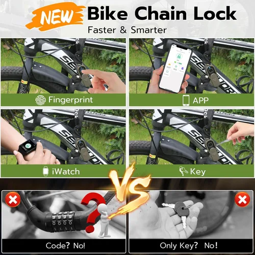Vista 2 de Candado de cadena para bicicleta, 3.3 pies de largo, 0.315 in de largo, cadena de acero con llave de huellas dactilares Bluetooth, control
