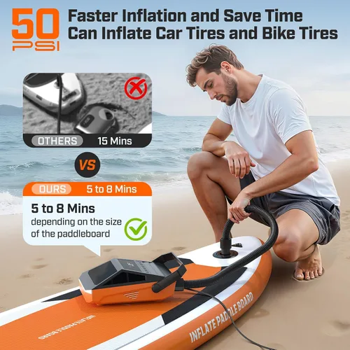 Vista 2 de Bomba de tabla de remo de 50 PSI eléctrica portátil, bomba de SUP para neumático de coche de paddleboard con función de apagado automático