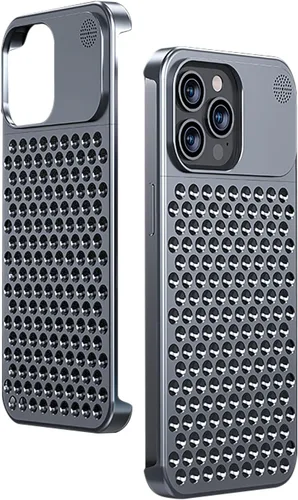 Vista 2 de Funda para teléfono compatible con iPhone 15 Pro Max de aleación de aluminio disipación de calor, transpirable, refrescante, hueca, sin bordes, Gris