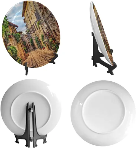 Vista 2 de Plato decorativo colgante de cerámica con temática de paisaje, plato decorativo redondo de plantas en maceta, con soporte decorativo, para sala