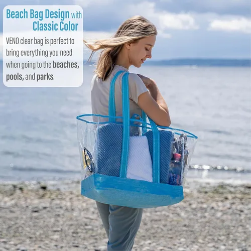 Vista 2 de VENO Clear Bag Transparent Vinyl PVC Tote, Stadium, Outdoor, Beach, Pool