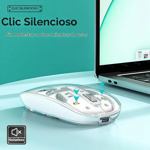 Vista 6 de Uiosmuph Ratón Bluetooth inalámbrico, trimodo (BT5.1/5.1+USB), USB C recargable, clic silencioso, cubierta transparente, nivel de batería visible