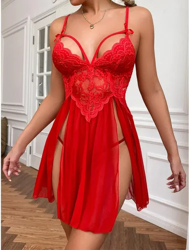 Vista 8 de Conjunto de lencería sexy de encaje para mujer, conjunto de ropa interior hueca, color sólido, cuello en V profundo, traje dividido