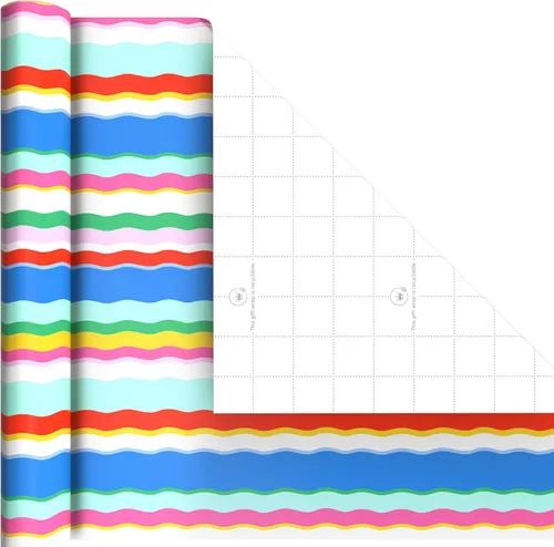 Vista 6 de Hallmark Mini rollos de papel de regalo de cumpleaños, paquete de 3 (rayas de arco iris, globos coloridos, lunares sobre azul) para graduaciones