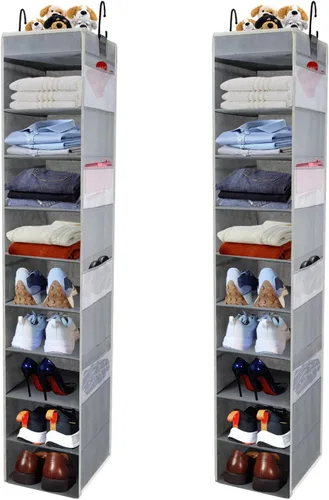 Vista 9 de Organizador de zapatos colgante de gran tamaño con 10 estantes, organizador de armario colgante resistente con 8 bolsillos laterales, estantes