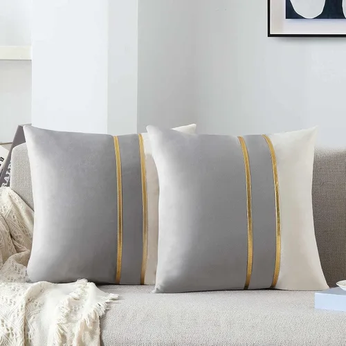 Vista 12 de WACOMECO Fundas de almohada de terciopelo, paquete de 2 fundas de cojín decorativas suaves con cuero dorado para sofá, dormitorio, sala de estar