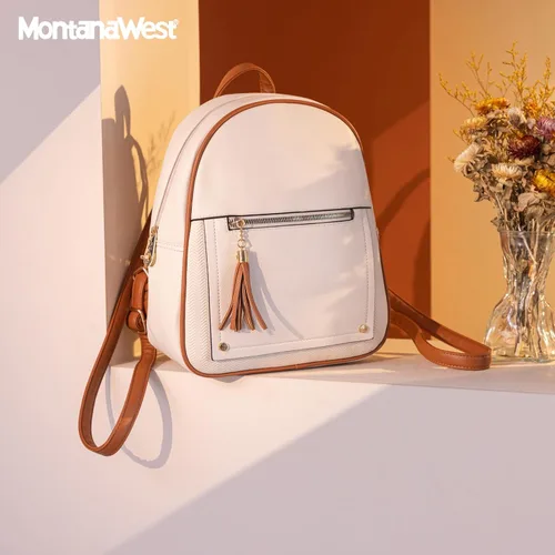 Vista 7 de Montana West Mochila mediana para mujer, mochila antirrobo con cremallera segura y borla, Mochila Beige y Marrón, Mochilas de viaje