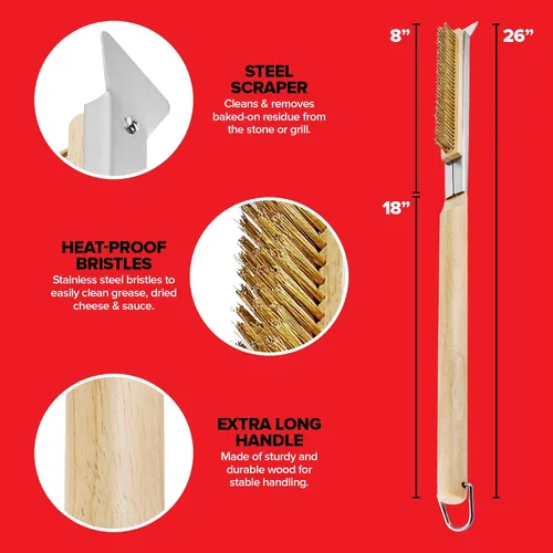 Vista 3 de Kit de accesorios esenciales para horno de pizza, incluye mango de madera extralargo, 2 cabezales de cepillo con cerdas de acero inoxidable