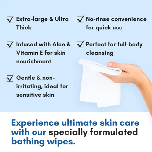 Vista 5 de Nurture XL Toallitas de baño sin enjuague para adultos con aloe Limpieza sin agua para pieles sensibles Toallitas húmedas desechables