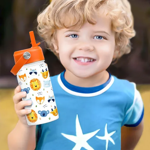 Vista 6 de SANDJEST Botella de Agua para Niños con Tapa de Pajita - 12 Oz Botella de Acero Inoxidable Aislada con Dibujo de Animales para Niños y Niñas - Taza