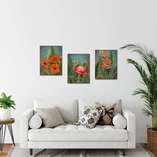 Vista 2 de SkenoArt 3 piezas de lienzo tropical flamenco arte de pared verde planta tropical naranja pintura floral impresiones decoración de pared enmarcado