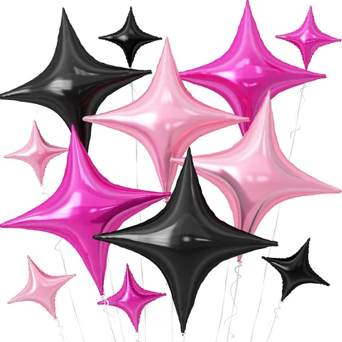 Vista 12 de Globos de Estrella Negra, 12 Piezas Globos de Papel de Aluminio de Estrella de Cuatro Ángulos, 26 Pulgadas y 10 Pulgadas Globo de Película de Negro