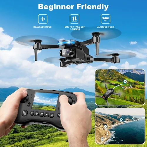 Vista 9 de Dron con cámara - Drone con pantalla en el controlador para principiantes, cuadricóptero de control remoto plegable con control de gestos, giro 3D