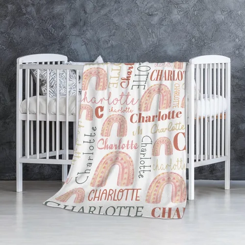 Vista 2 de Manta personalizada de arcoíris para bebé, manta acogedora de franela ligera con nombre para bebés, niños, adultos, niñas, niños, sofá cama, 30 x 40