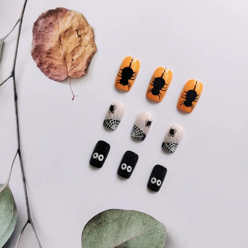 Vista 5 de 24 uñas postizas cuadradas a presión de longitud media para Halloween con diseño de telaraña, bonitos globos oculares, uñas postizas con pegamento
