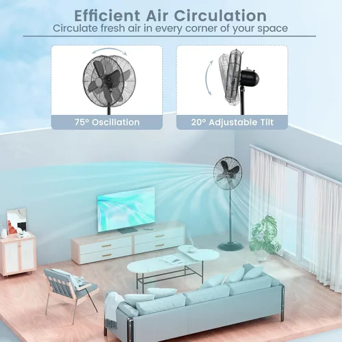 Vista 6 de COSTWAY Ventilador de pedestal de metal, ventilador silencioso de pie oscilante de 75° de alta velocidad de 16 pulgadas con altura ajustable, 3 Negro