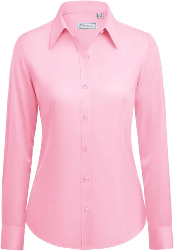 Vista 13 de siliteelon Camisas con botones para mujer: camisa de vestir de manga larga sin arrugas, ajuste clásico, con cuello, color sólido, formal