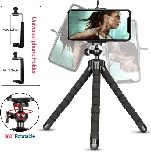 Vista 4 de Trípode de teléfono para teléfono celular, mini soporte flexible para cámara con control remoto y clip universal para iPhone 15 14 13 12 Pro Max 11