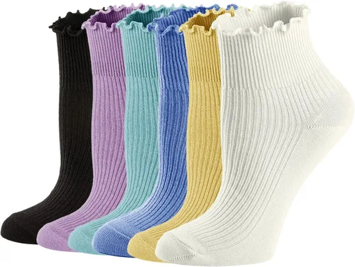 Vista 9 de Mcool Mary Calcetines con volantes para mujer, lindos calcetines de tobillo cálidos de invierno, de algodón de punto ondulado, paquete de 6 1 verde