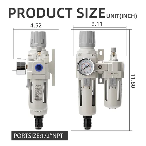 Vista 3 de Regulador de presión de aire con medidor de presión (0-150PSI), separador de agua para compresor de aire, drenaje automático, interfaz roscada 1/2
