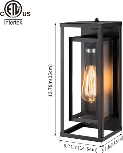 Vista 3 de mirrea Aplique de pared para exteriores de 14 pulgadas, 1 luz en negro mate, marco de metal rectangular y pantalla de vidrio transparente, luz
