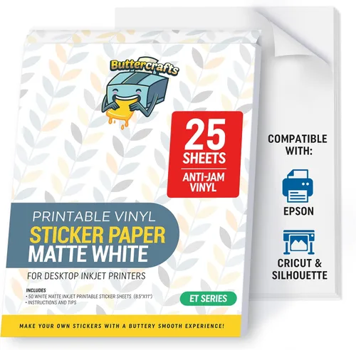 Vista 6 de Glossy Printable Vinyl Sticker Paper 25s Non-Epson Compatible 8.5"x11" Blanco