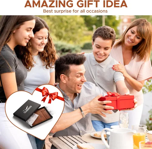 Vista 7 de Claasico Billetera pequeña de bolsillo frontal para hombre con bloqueo RFID, de cuero genuino, tarjetero