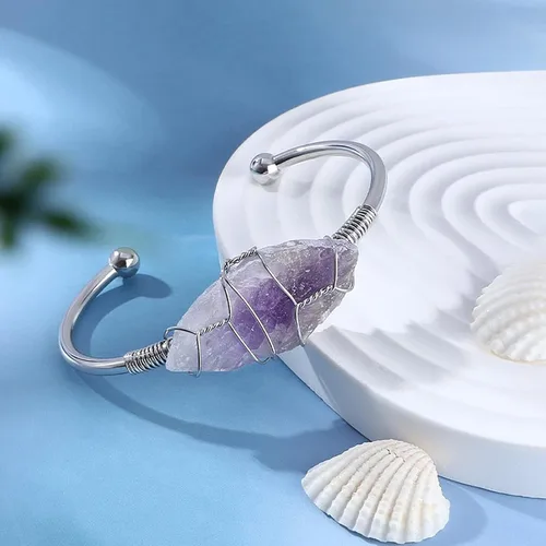 Vista 5 de Jeulia Brazalete de piedra curativa para mujer pulsera abierta de cuarzo rosa con cristales curativos naturales irregulares envueltos en cristales
