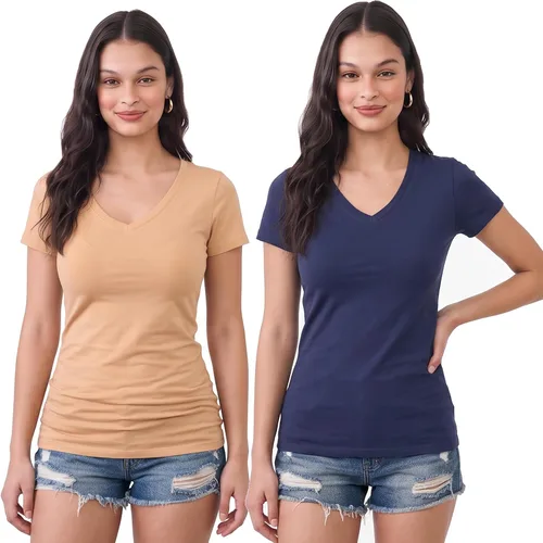 Vista 83 de Emmalise Camiseta de manga corta para mujer, cuello en V, tallas junior y plus