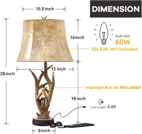Vista 6 de Dungoo Juego de 2 lámparas de mesa rústicas de ciervo occidental con luz nocturna, lámparas de noche rústicas de 26 pulgadas para dormitorio con 2
